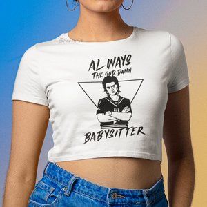 🆕Steve Harrington Always the Babysitter White Fitted Crop Top T-Shirt